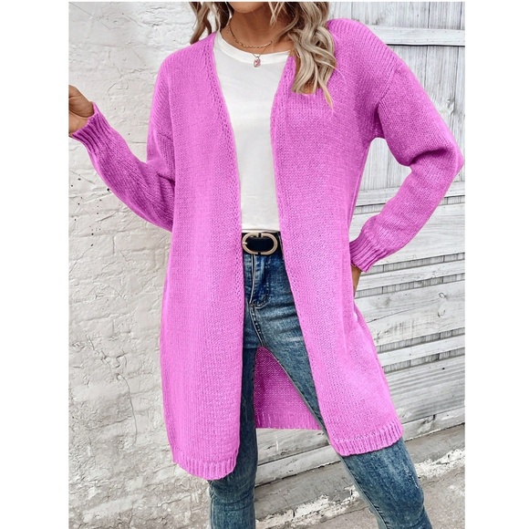 Hot Pink Open Cardigan Long Sleeve Hip Length - Picture 4 of 7